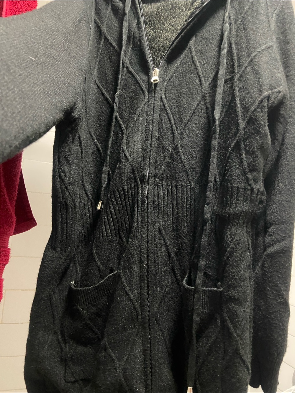 Black Cable-Knit Zip Hoodie Cardigan